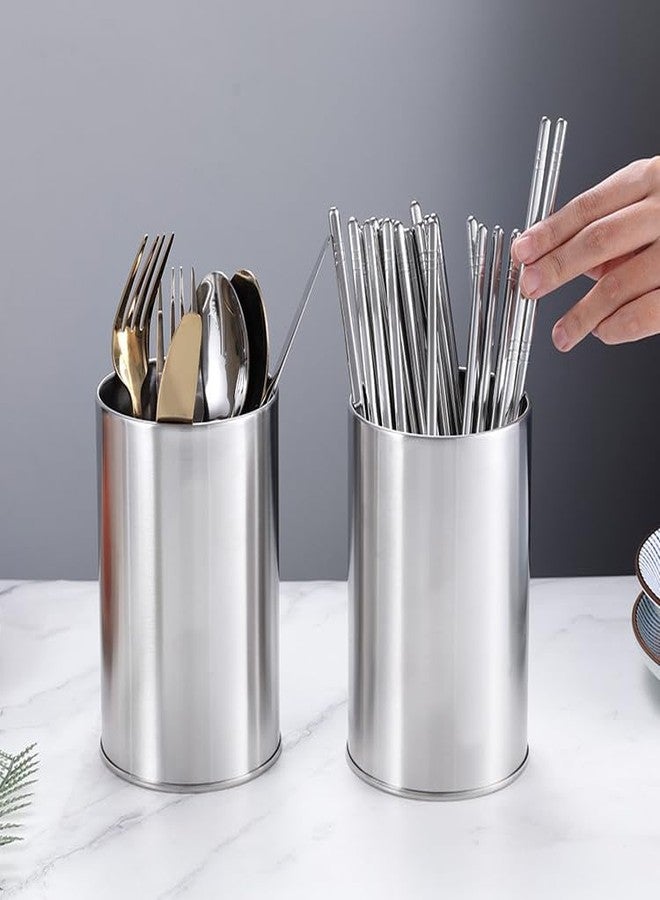 lasenersm 2 Pieces Stainless Steel Kitchen Utensil Holder with Bottom Drain Hole Flatware Cylinder Holder Chopsticks Holder Chopsticks Storage Tube for Forks Spoons Chopsticks, 3.97" x 5.9", Silver - Image 5